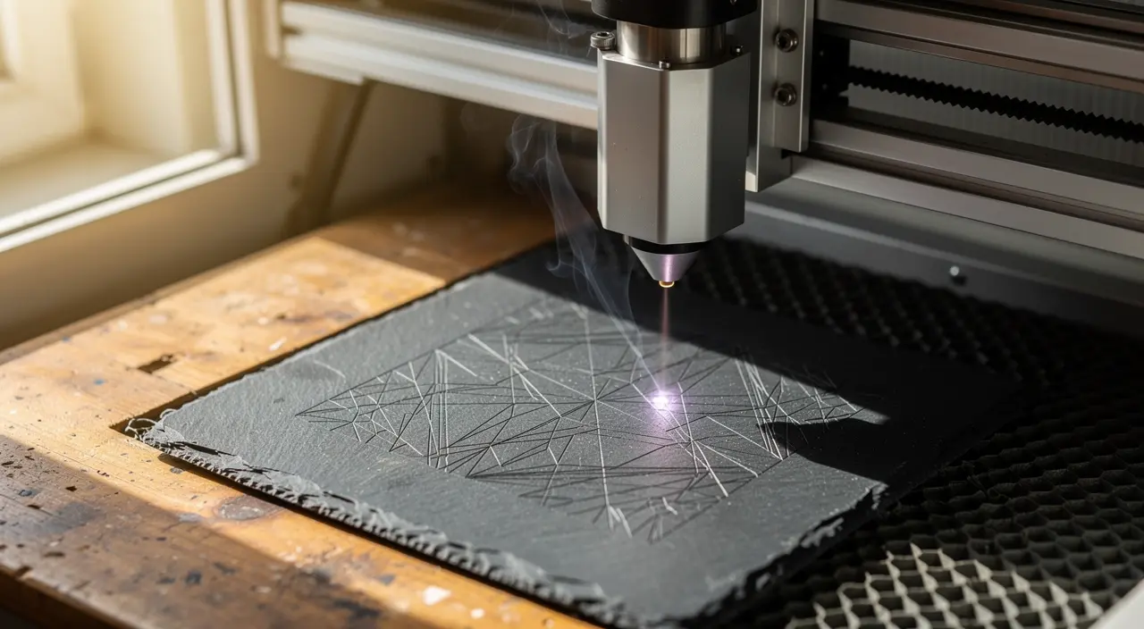 Reference illustration of laser engraving on a flat object, workshop