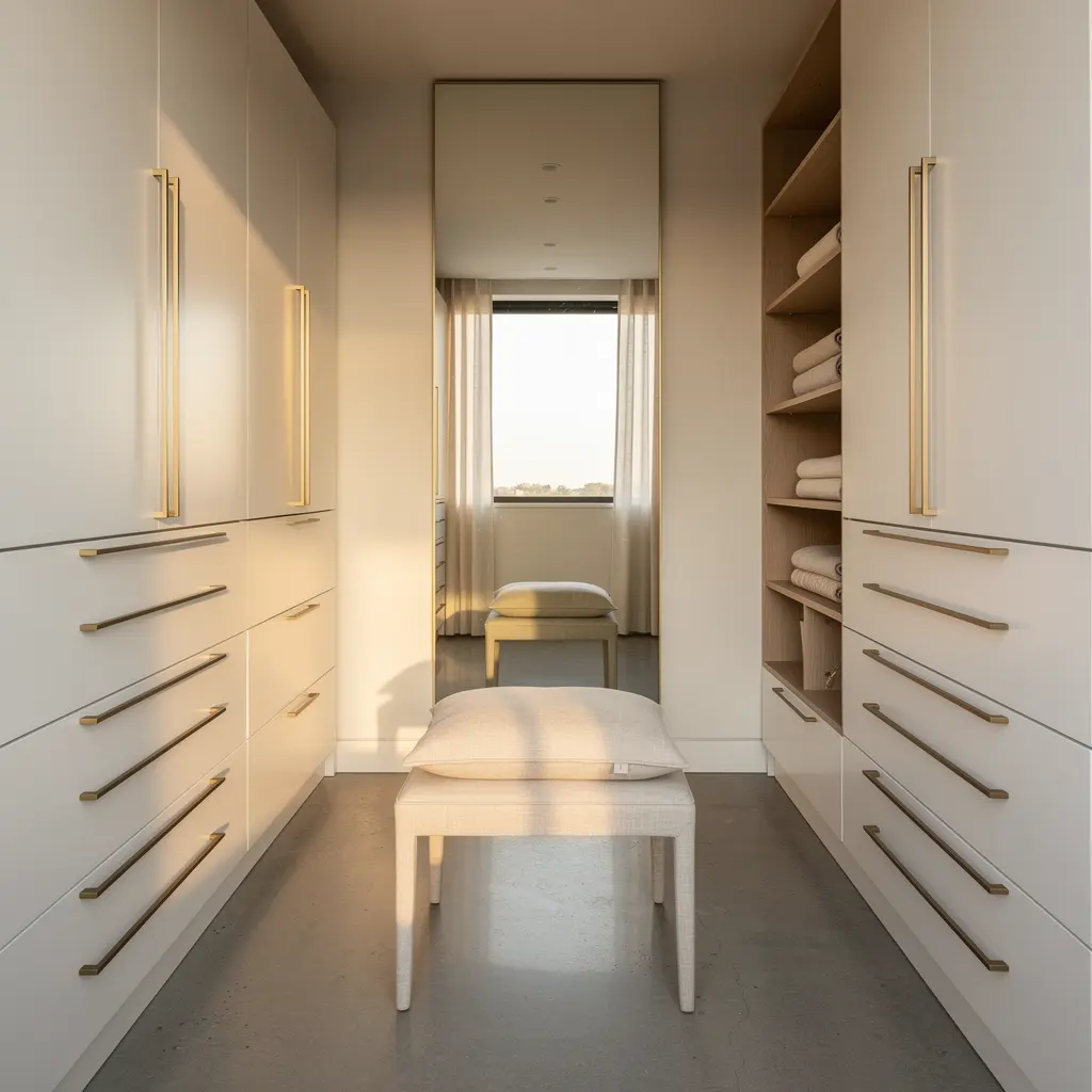Walk-in compact avec miroir et banc, illustration de référence — Atelier Multidécor