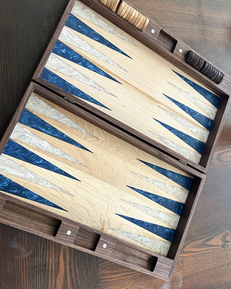 Backgammon board, wood inlay and resin