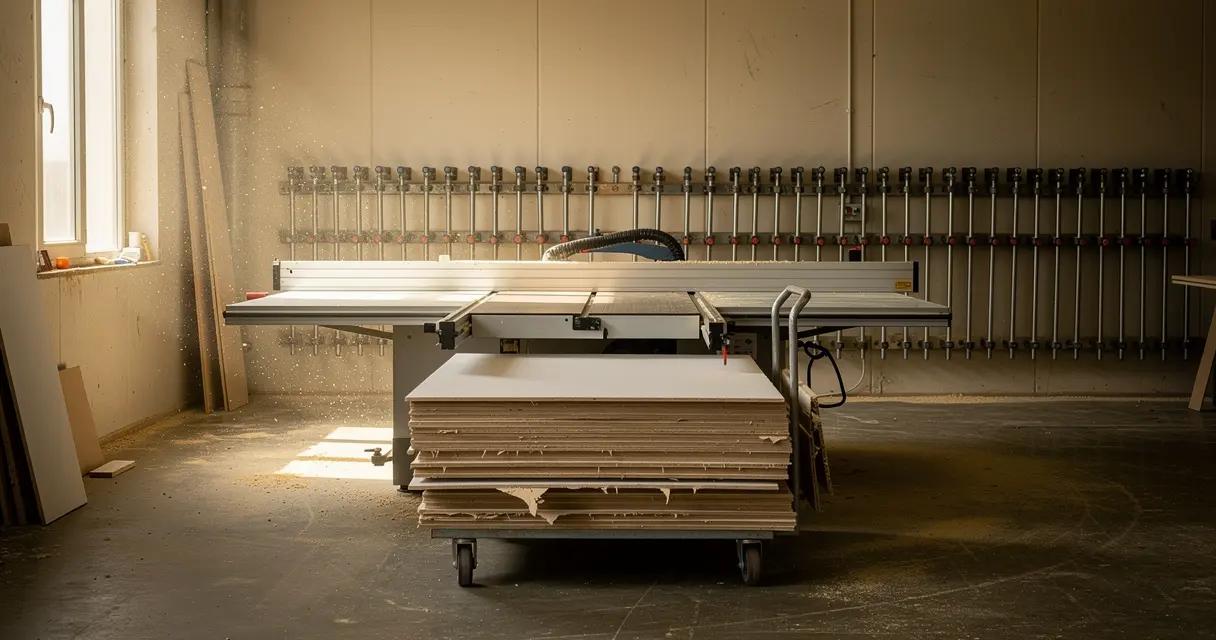 Établi d'atelier d'ébénisterie, outils et pièces de bois en cours de fabrication, illustration de référence