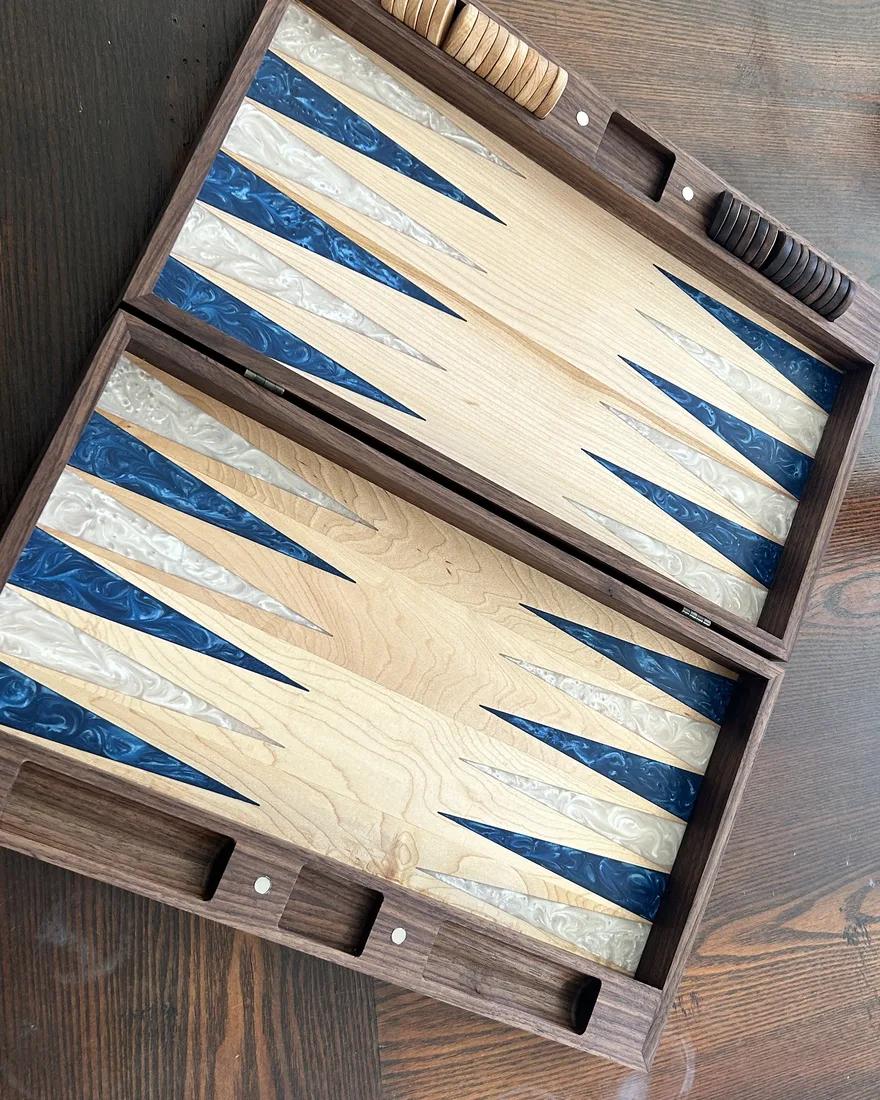 Backgammon board, wood inlay and resin