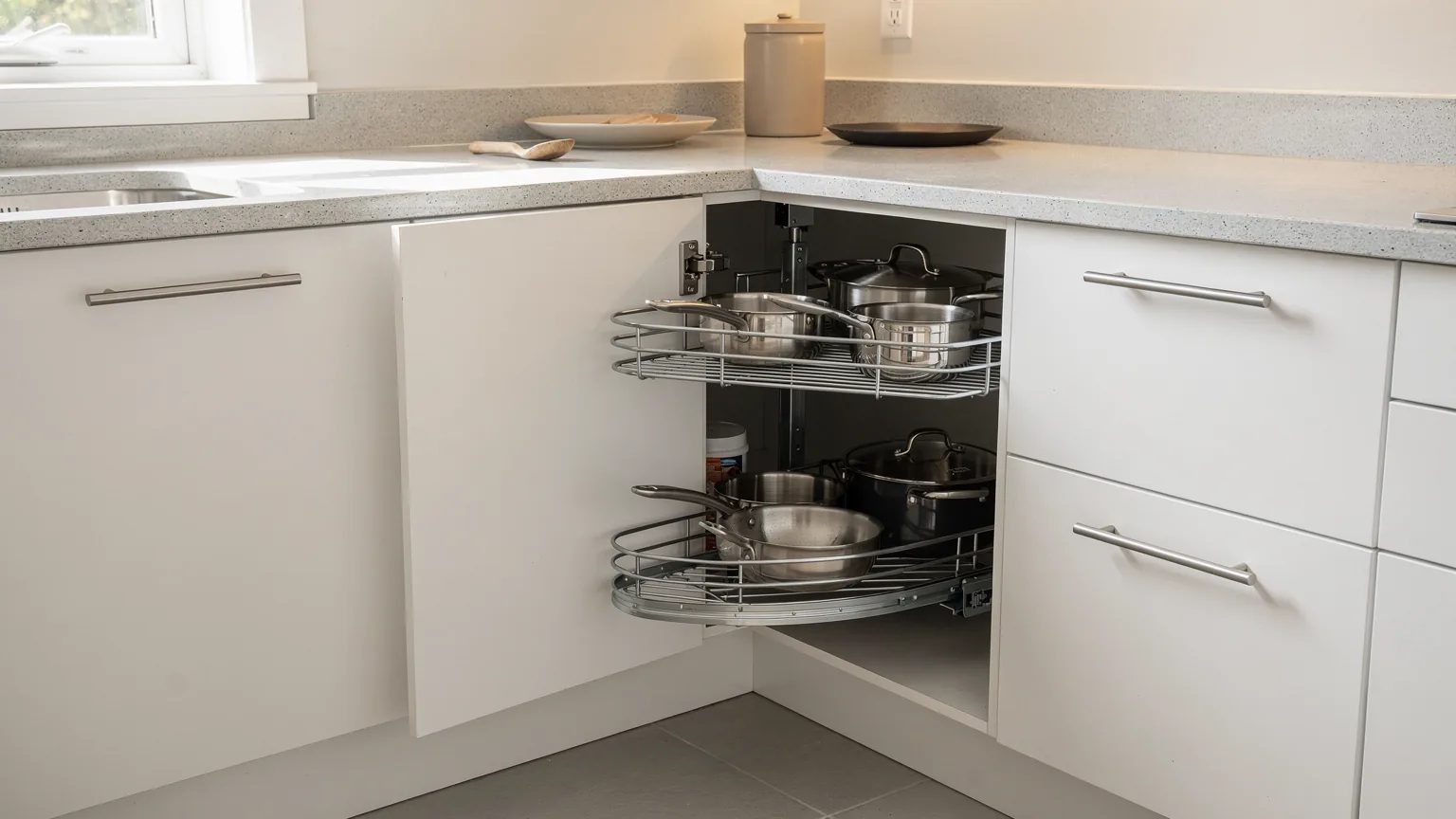 Armoire de coin aveugle ouverte, mécanisme coulissant chromé sorti avec chaudrons et poêles.
