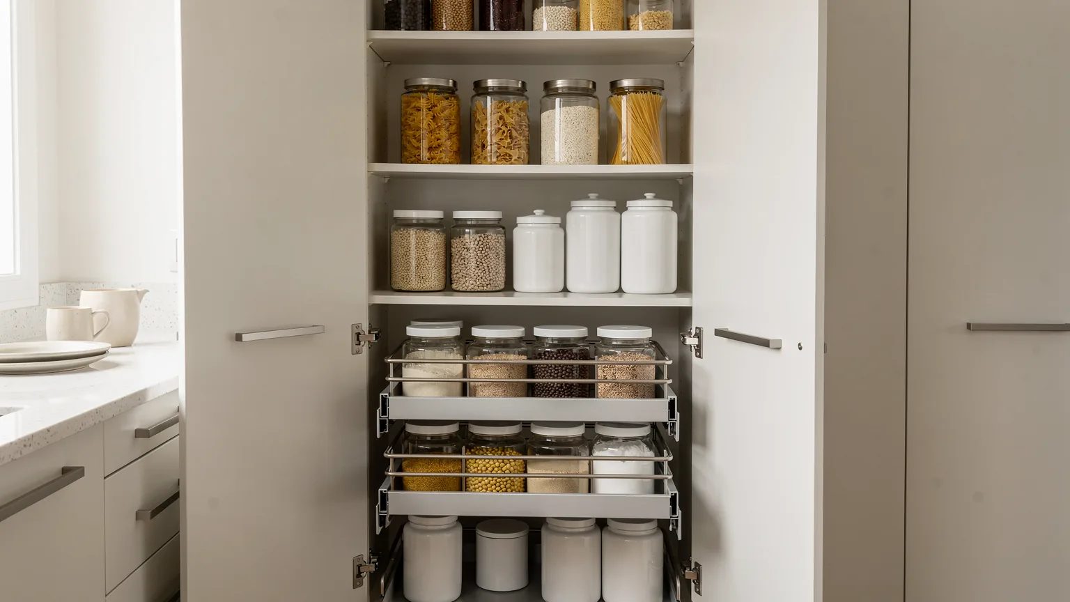 Armoire garde-manger sur mesure ouverte: tablettes réglables en haut et tiroirs coulissants en bas, bocaux de pâtes et de riz.