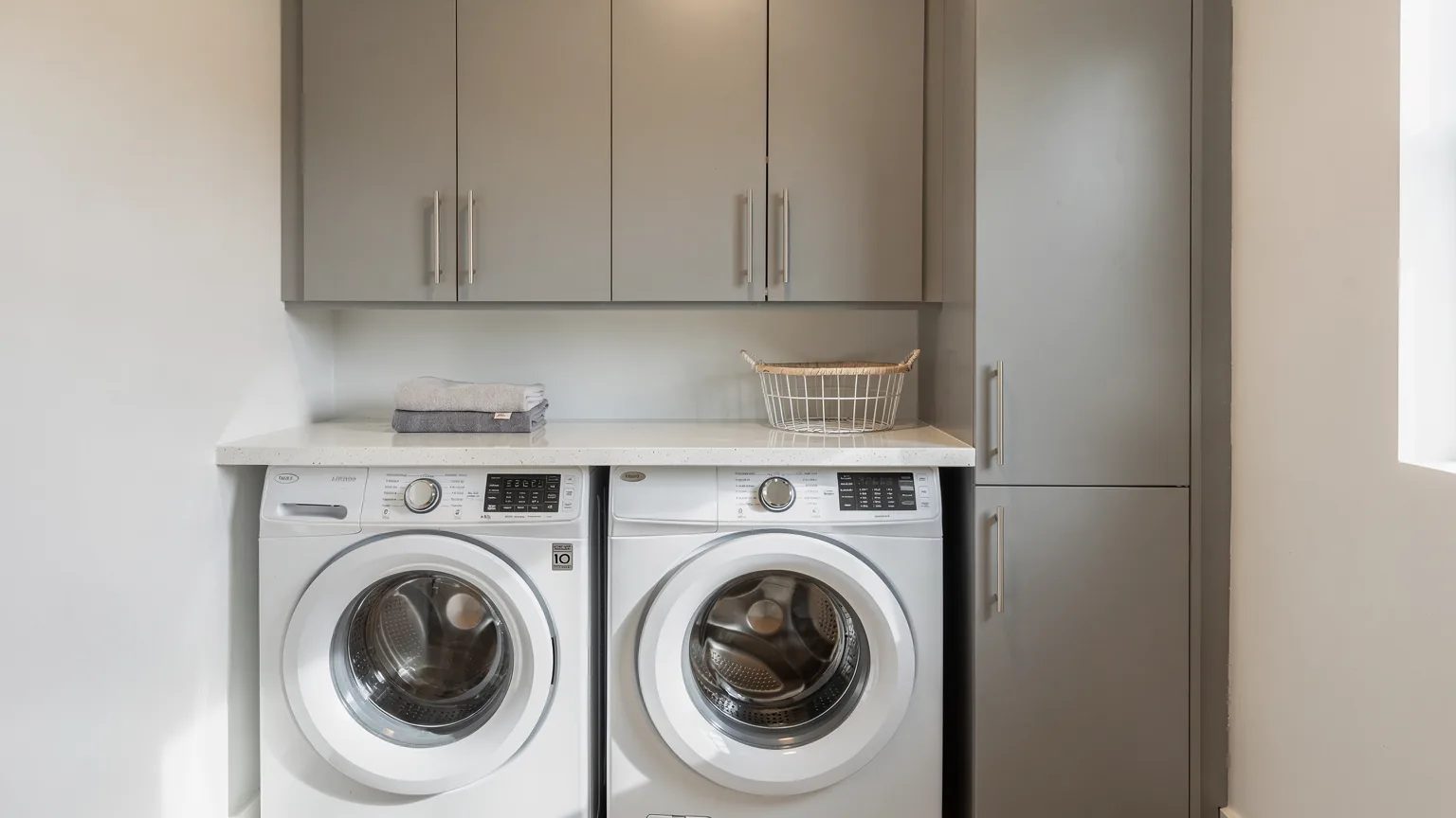 Salle de lavage sur mesure: laveuse et sécheuse sous un comptoir continu, armoires du haut et armoire haute en mélamine gris pâle.