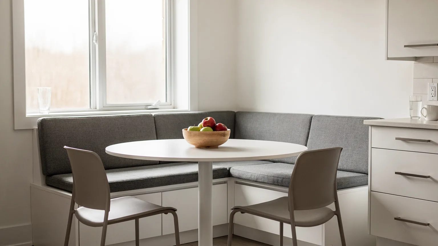 Banquette de cuisine en L sur mesure près d'une fenêtre, coussins gris, table ronde sur pied central et deux chaises.