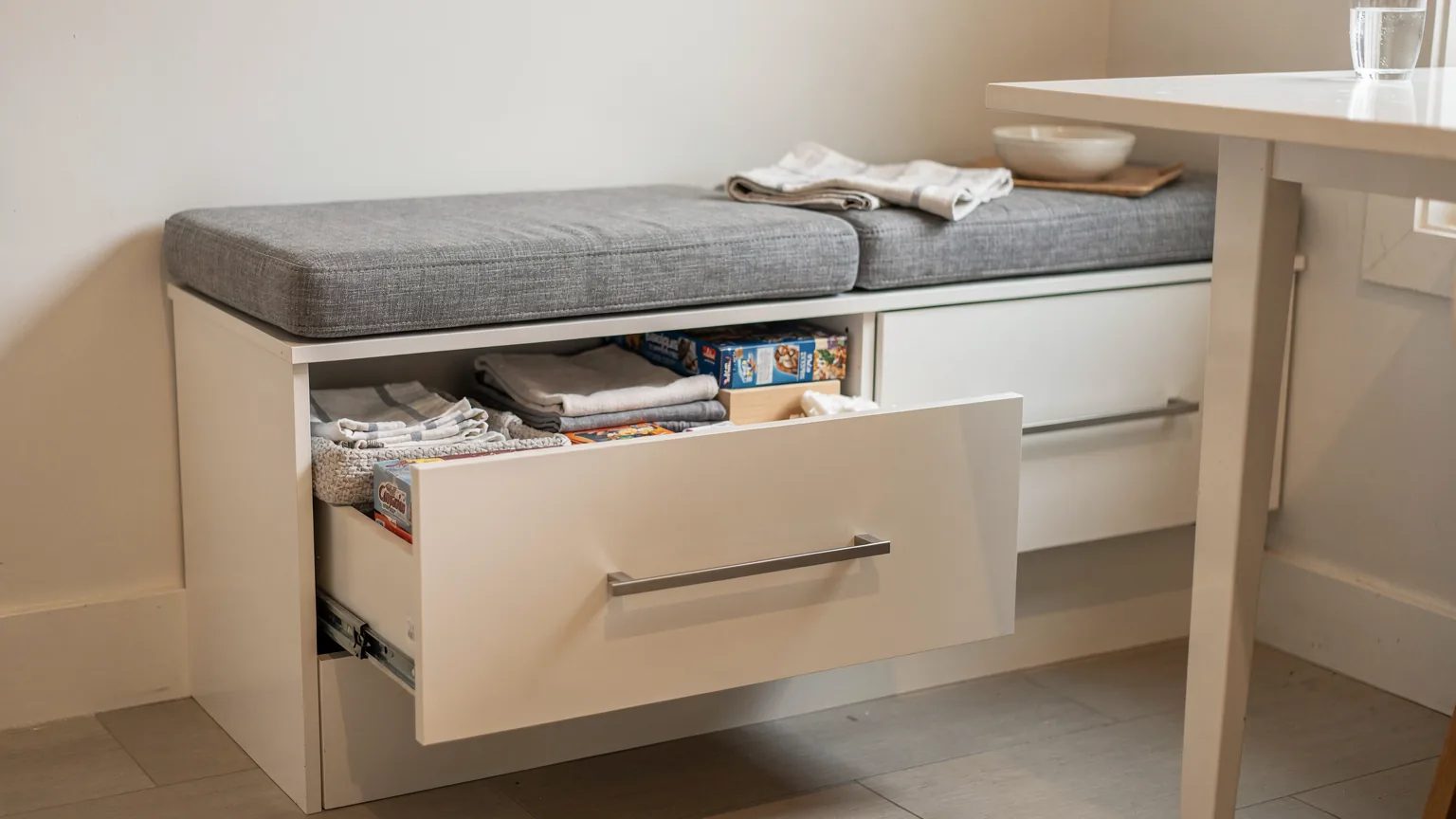 Banquette de cuisine sur mesure, deux grands tiroirs ouverts sous l'assise, avec nappes et jeux de société.