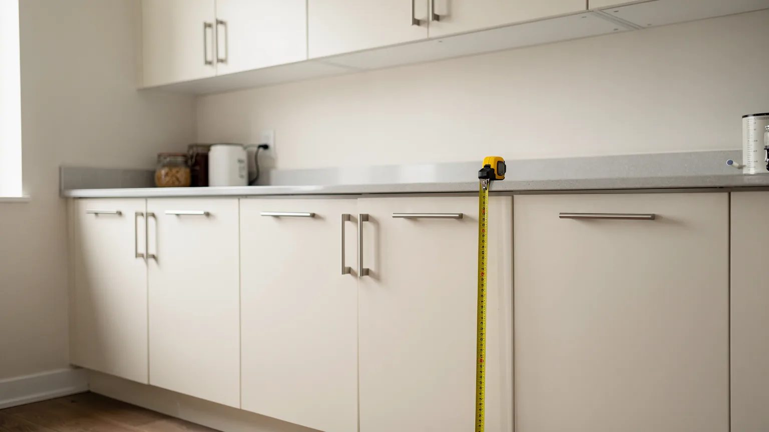 Ruban à mesurer accroché au bord d'un comptoir de cuisine en quartz, au-dessus d'armoires sur mesure en mélamine blanche.