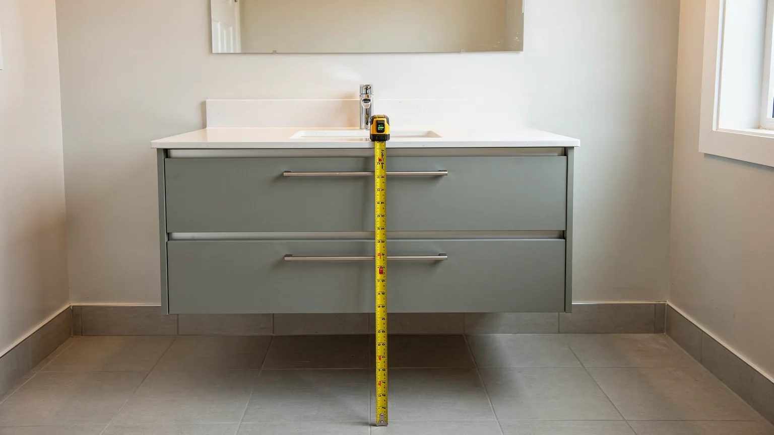 Ruban à mesurer déroulé du plancher jusqu'au dessus d'une vanité suspendue sur mesure en mélamine vert-gris.