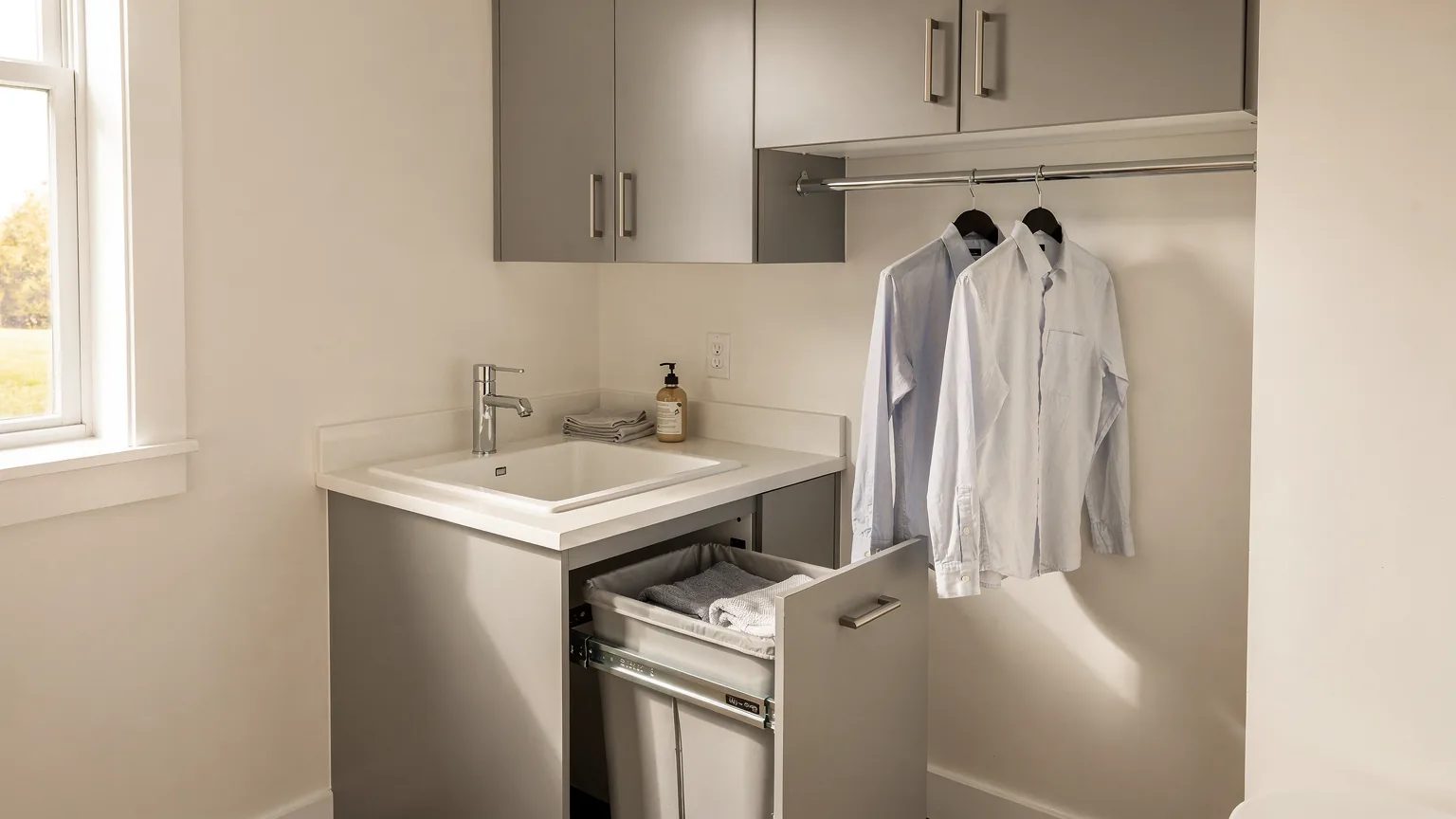 Évier utilitaire encastré dans un comptoir, panier à linge coulissant ouvert et tringle pour sécher les vêtements.
