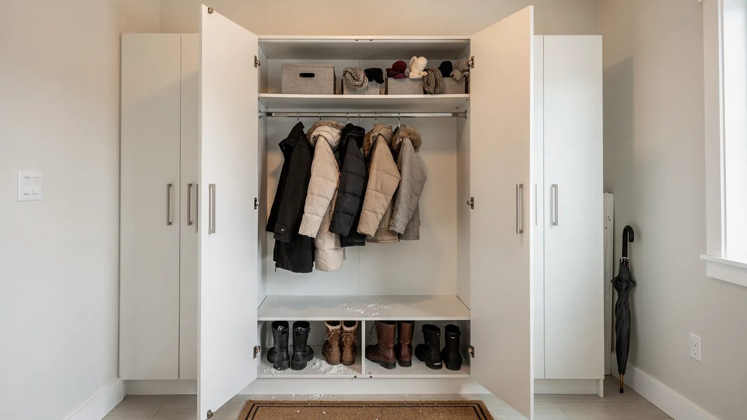 Garde-robe d'entrée sur mesure ouverte: manteaux d'hiver sur tringle, tablette à bacs et étagère à bottes.
