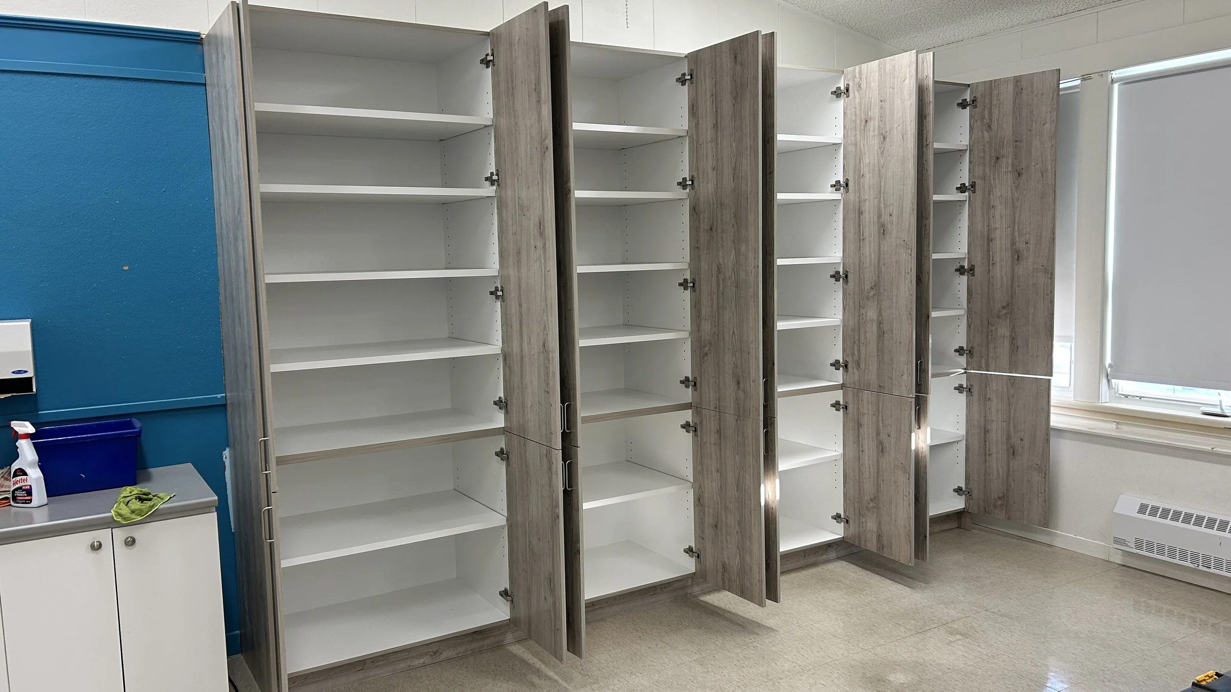 Oversized school storage in black melamine, 1-inch shelves
