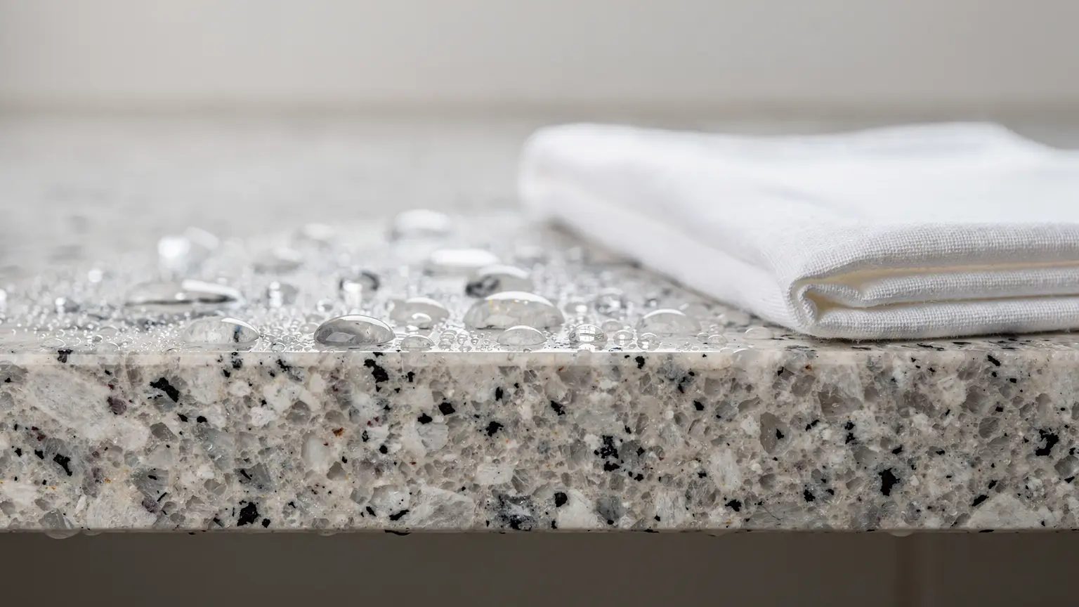 Reference illustration: water beading on a sealed pale granite countertop next to a folded cloth.