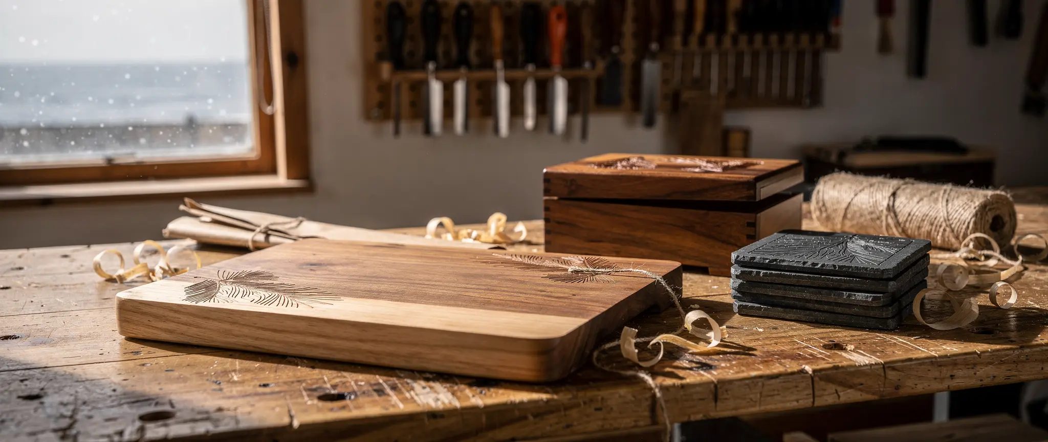 Illustration de référence : établi d'atelier avec une planche à découper gravée de branches de pin, une boîte en bois gravée et des sous-verres en ardoise, devant une fenêtre enneigée qui donne sur la mer
